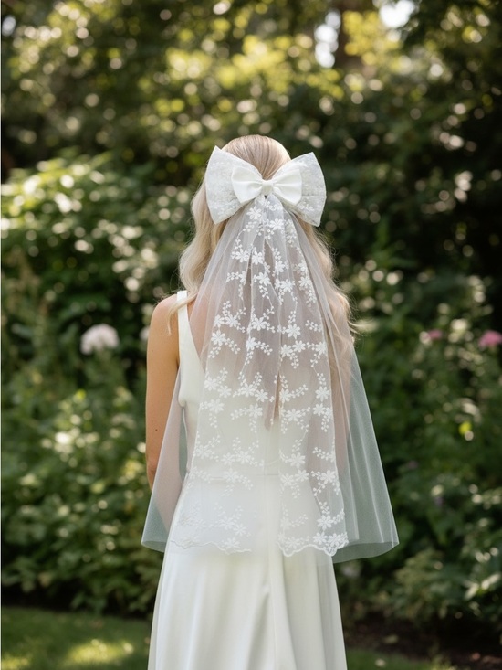 Accessories - White Bridal Bow Veil, Lace Bow Wedding Veil, Embroidered Floral Veil Bow